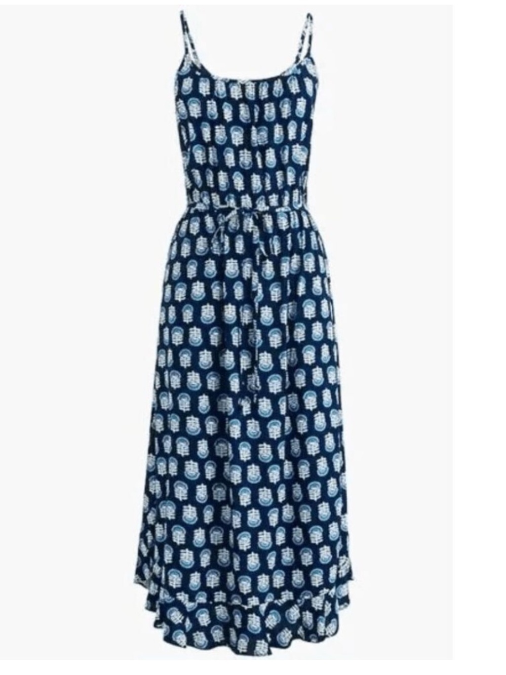 J. Crew Factory Ruffle Midi Dress With Curved Hem in Blue Block Print Sz 10